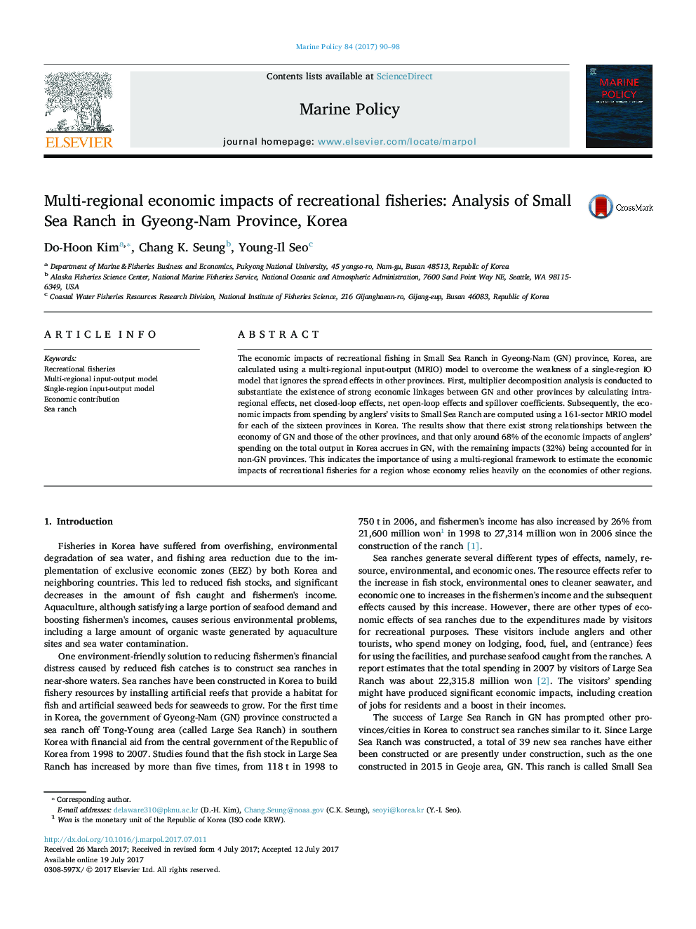 Multi-regional economic impacts of recreational fisheries: Analysis of Small Sea Ranch in Gyeong-Nam Province, Korea