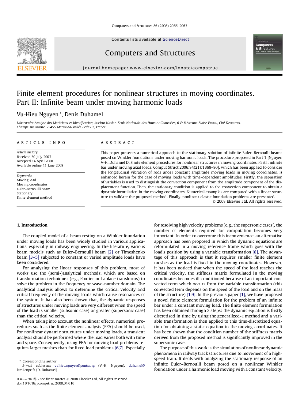 Finite element procedures for nonlinear structures in moving coordinates. Part II: Infinite beam under moving harmonic loads