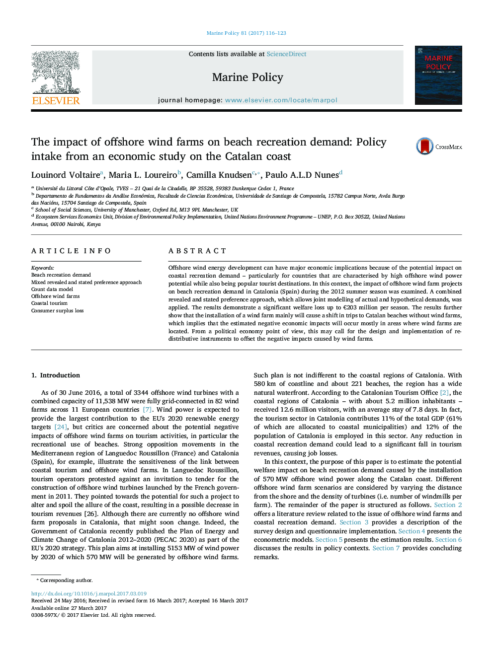 The impact of offshore wind farms on beach recreation demand:Â Policy intake from an economic study on the Catalan coast