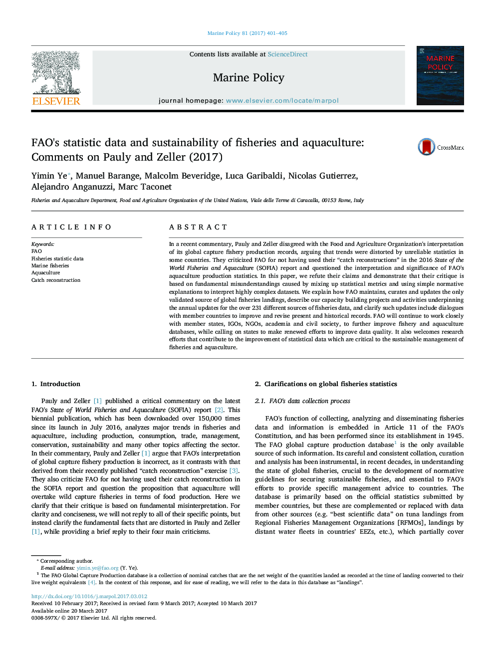 FAO's statistic data and sustainability of fisheries and aquaculture: Comments on Pauly and Zeller (2017)