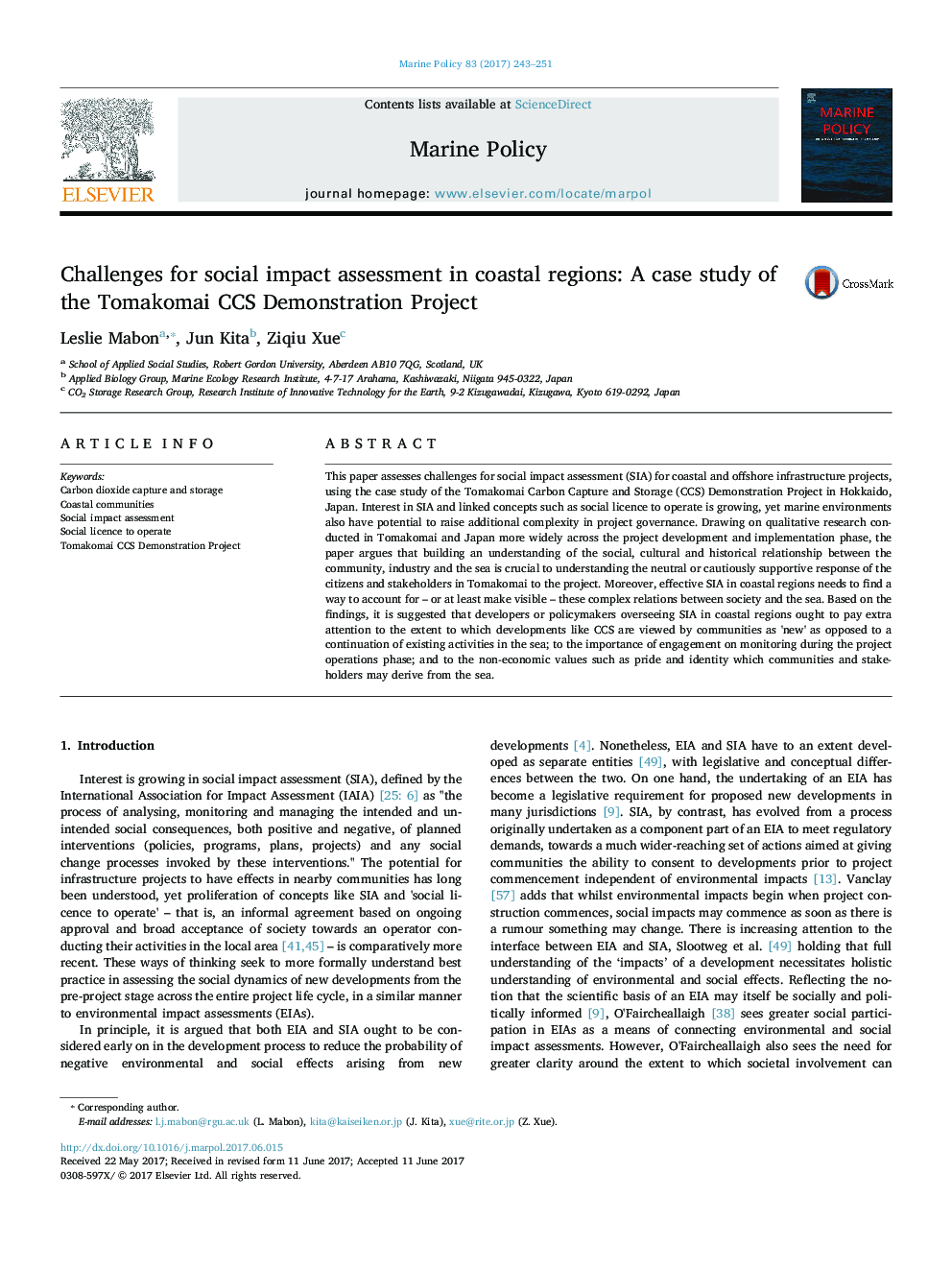 Challenges for social impact assessment in coastal regions: A case study of the Tomakomai CCS Demonstration Project