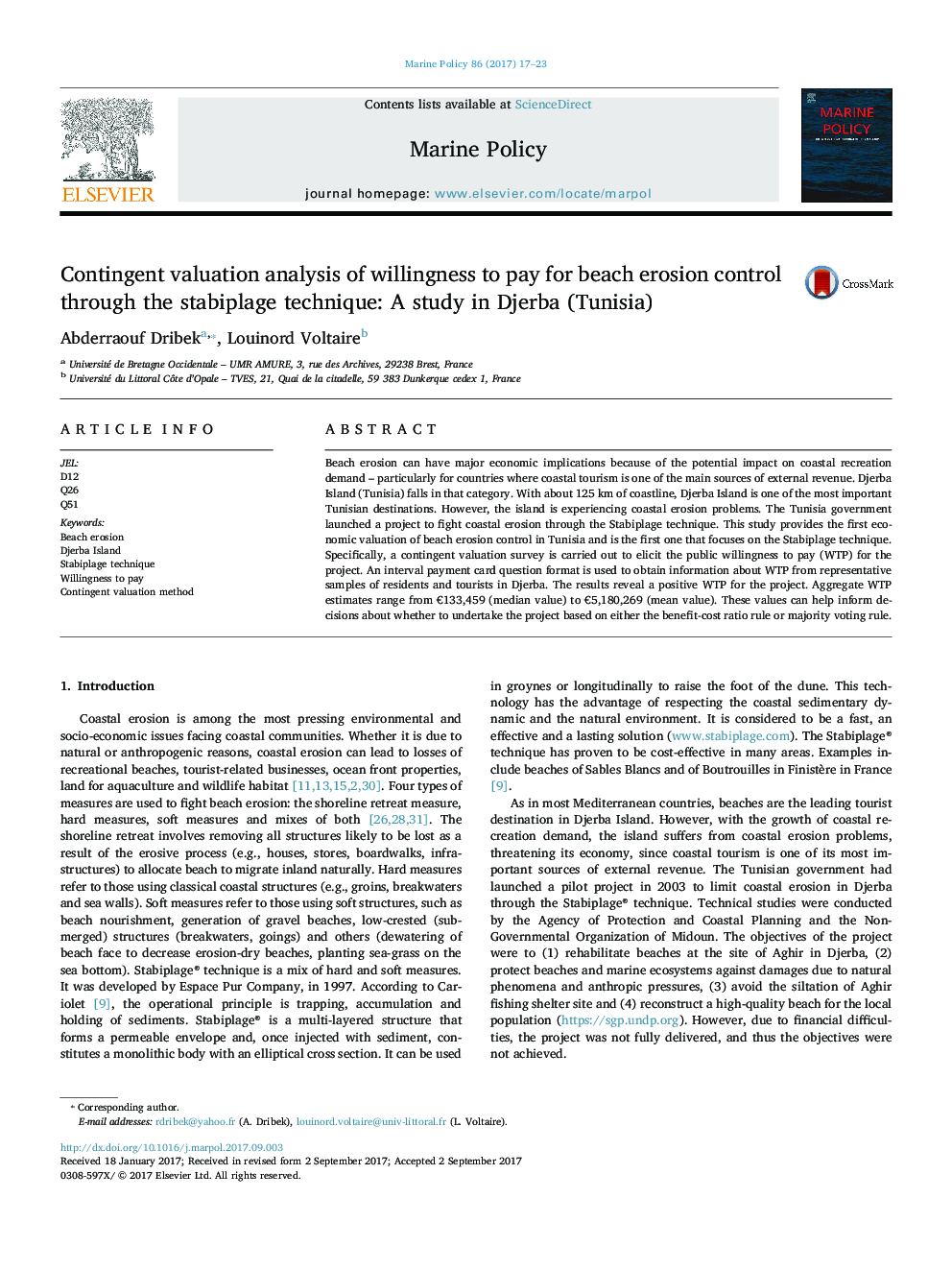 Contingent valuation analysis of willingness to pay for beach erosion control through the stabiplage technique: A study in Djerba (Tunisia)