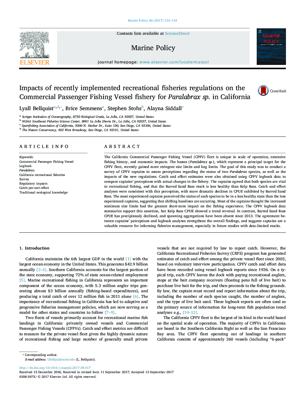 Impacts of recently implemented recreational fisheries regulations on the Commercial Passenger Fishing Vessel fishery for Paralabrax sp. in California