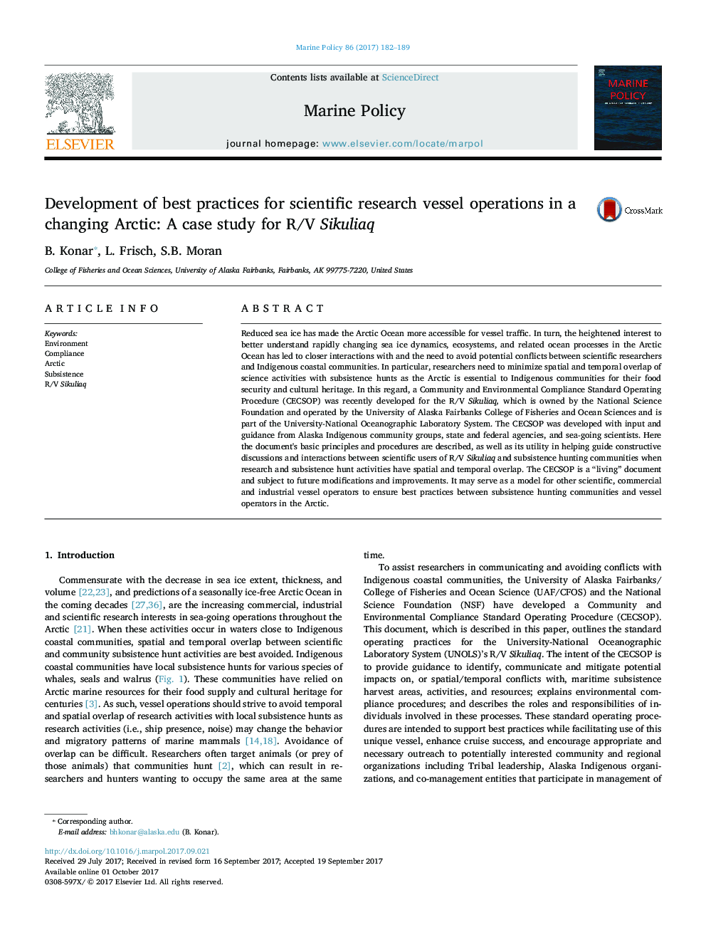 Development of best practices for scientific research vessel operations in a changing Arctic: A case study for R/V Sikuliaq