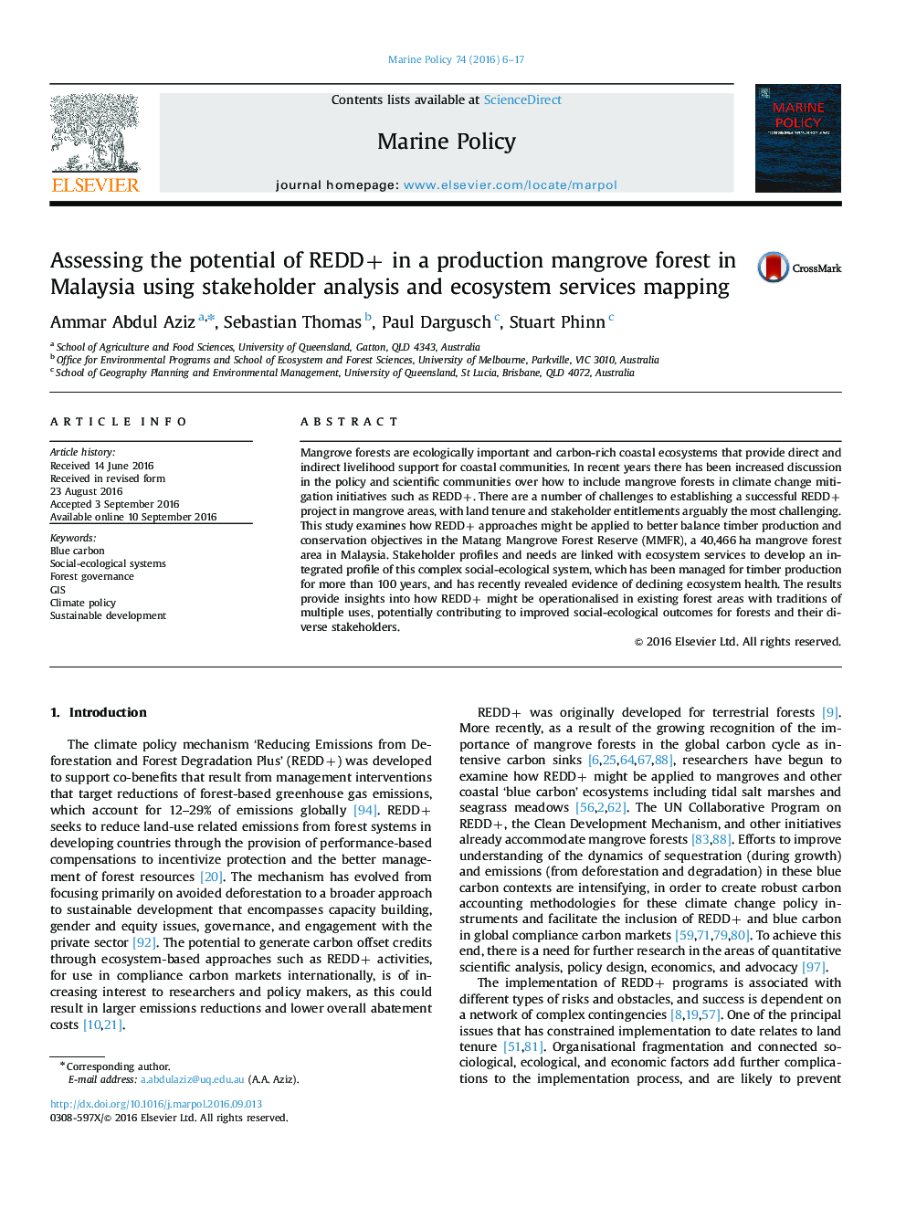 Assessing the potential of REDD+ in a production mangrove forest in Malaysia using stakeholder analysis and ecosystem services mapping