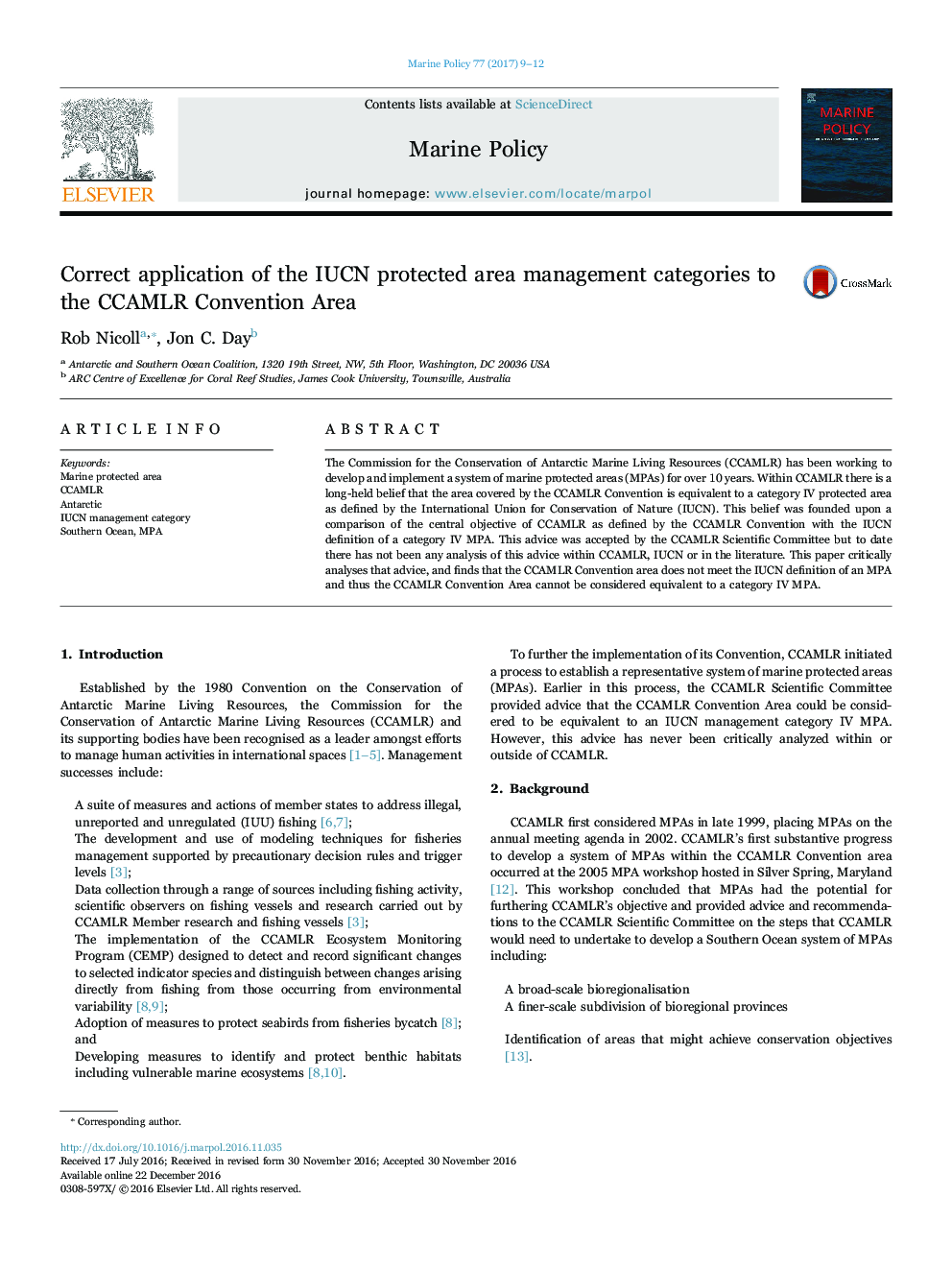 Correct application of the IUCN protected area management categories to the CCAMLR Convention Area