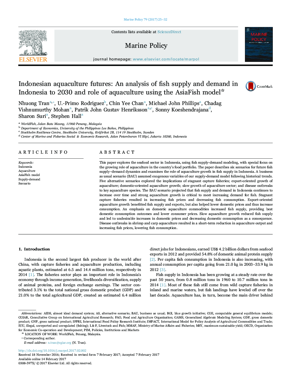 Indonesian aquaculture futures: An analysis of fish supply and demand in Indonesia to 2030 and role of aquaculture using the AsiaFish model