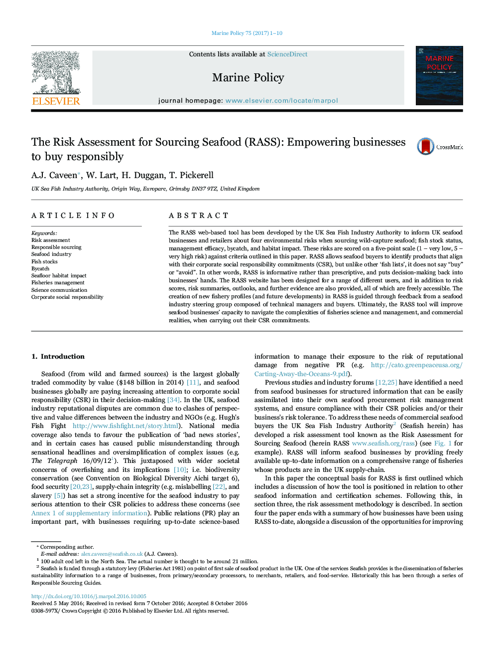 The Risk Assessment for Sourcing Seafood (RASS): Empowering businesses to buy responsibly