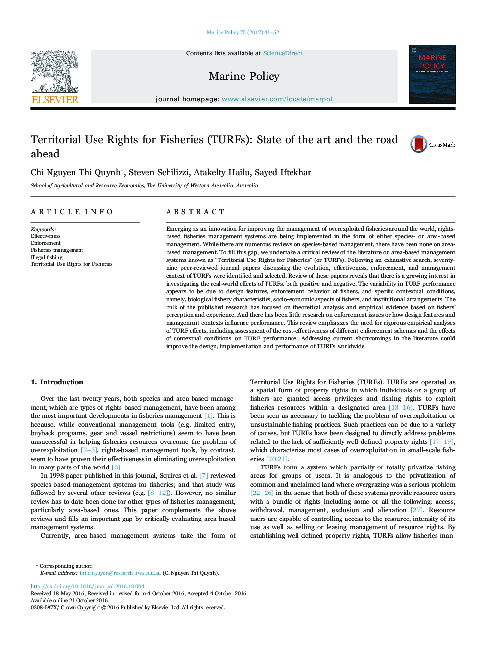 Territorial Use Rights for Fisheries (TURFs): State of the art and the road ahead