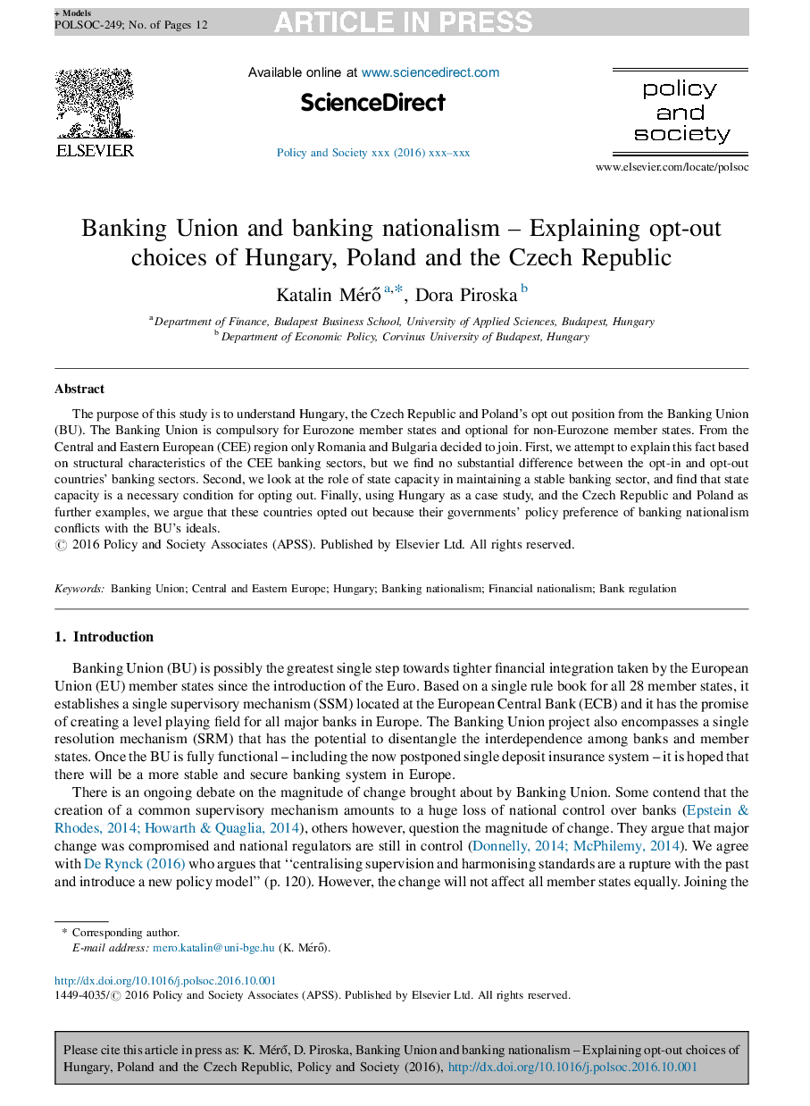 Banking Union and banking nationalism - Explaining opt-out choices of Hungary, Poland and the Czech Republic