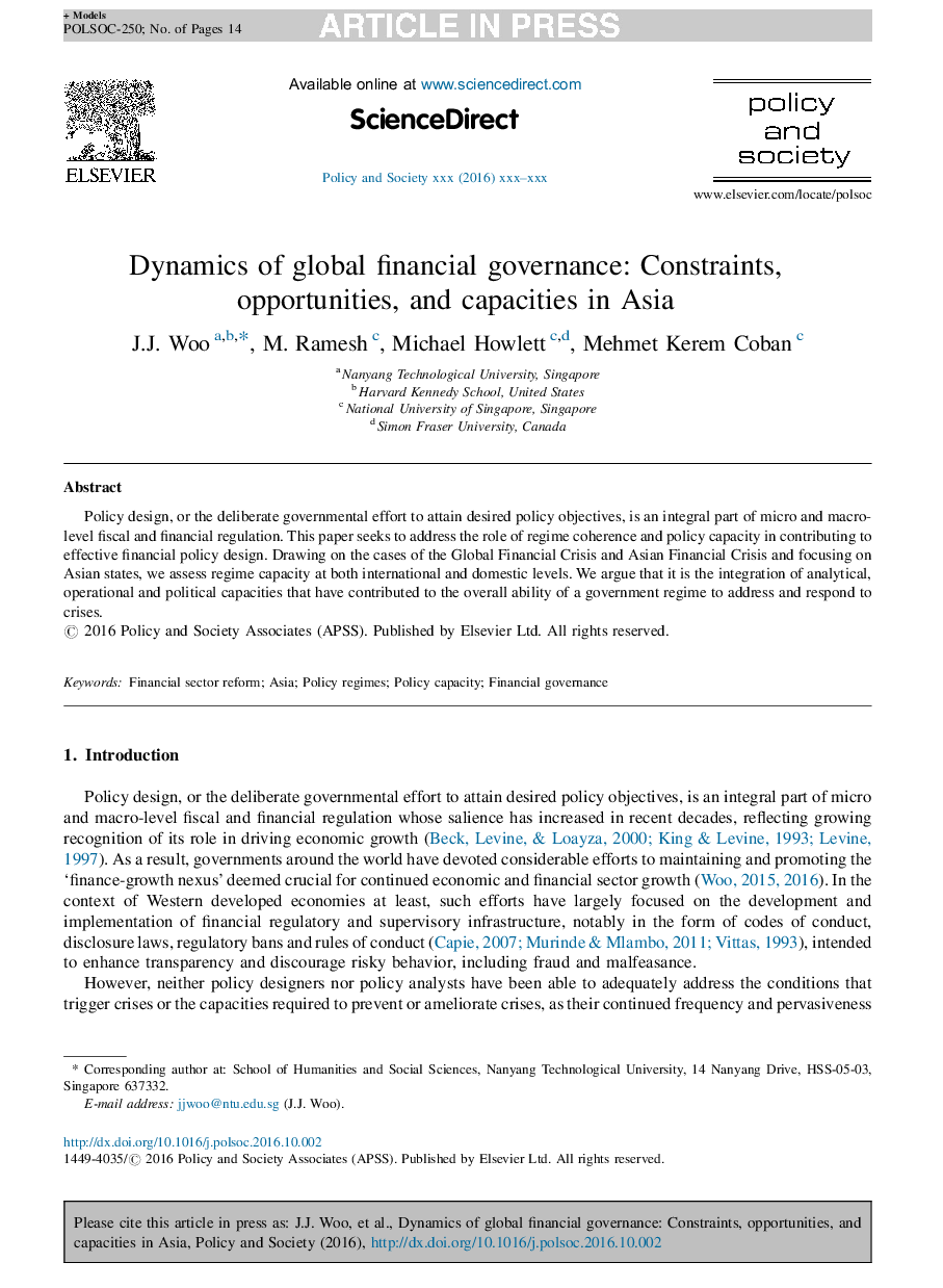 Dynamics of global financial governance: Constraints, opportunities, and capacities in Asia