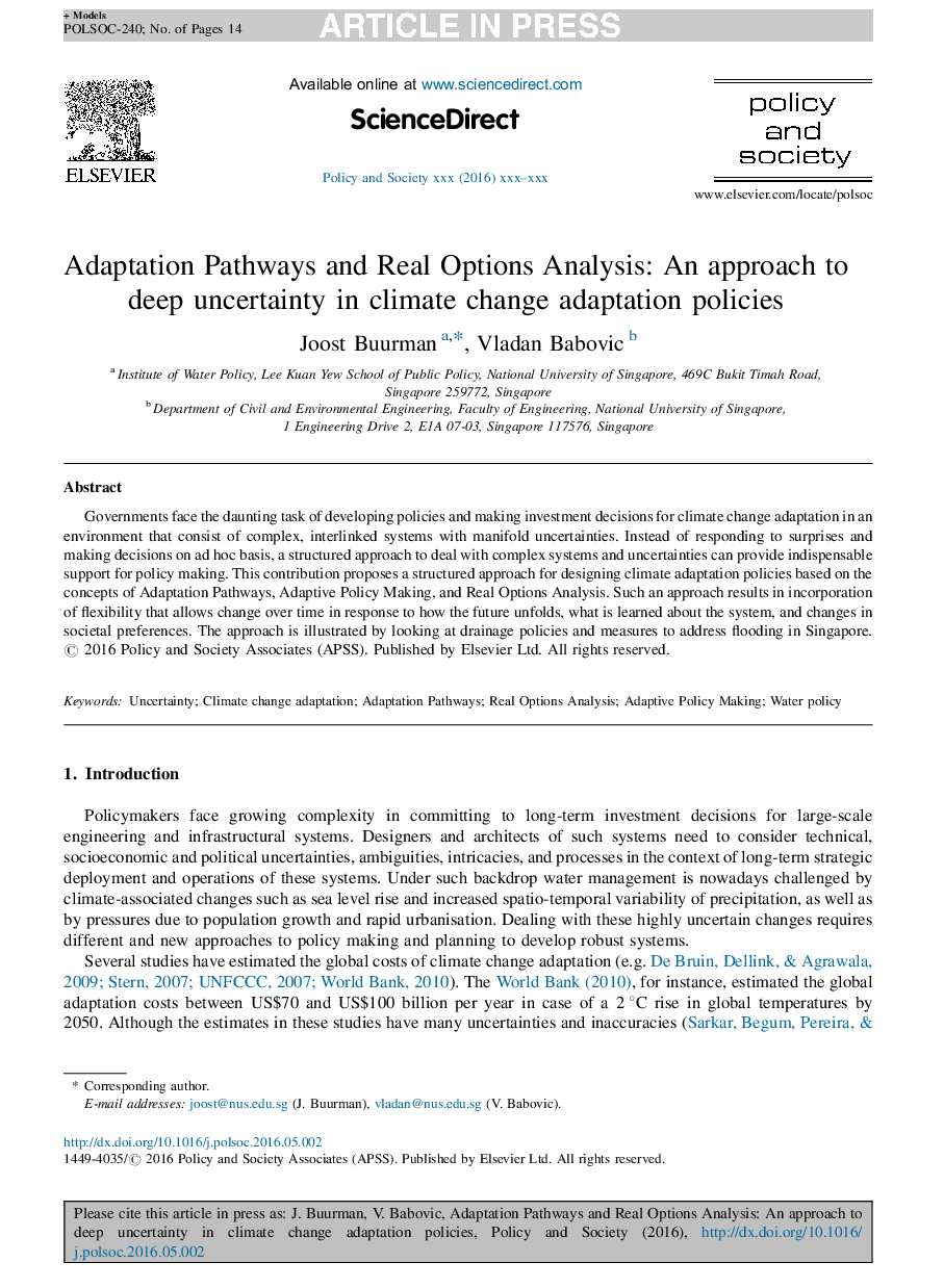 Adaptation Pathways and Real Options Analysis: An approach to deep uncertainty in climate change adaptation policies