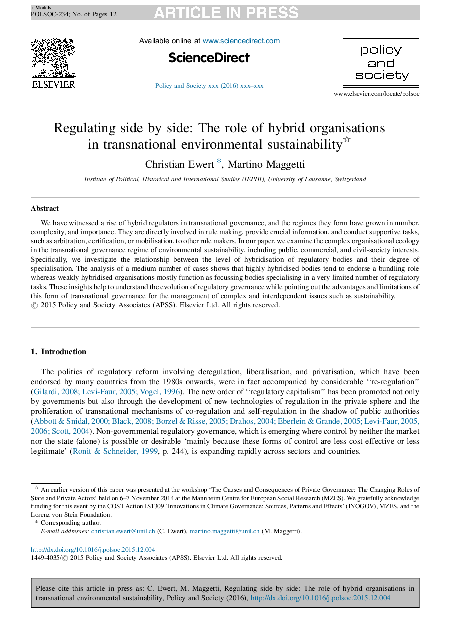 Regulating side by side: The role of hybrid organisations in transnational environmental sustainability