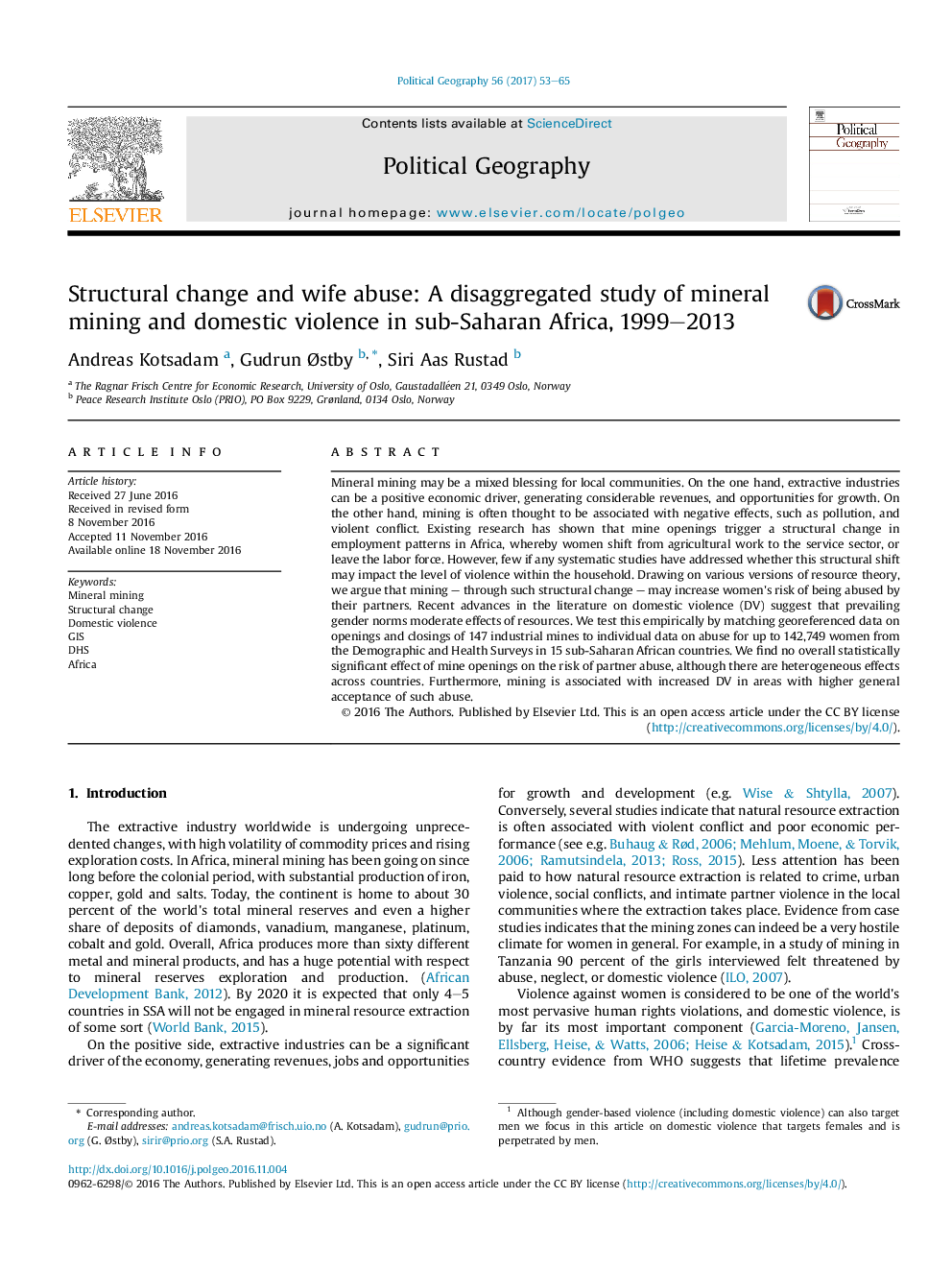 Structural change and wife abuse: A disaggregated study of mineral mining and domestic violence in sub-Saharan Africa, 1999-2013