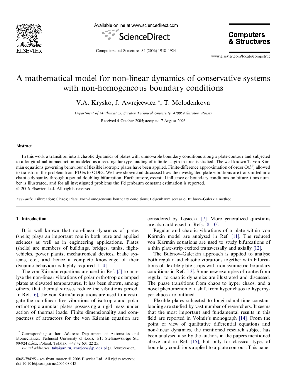 A mathematical model for non-linear dynamics of conservative systems with non-homogeneous boundary conditions