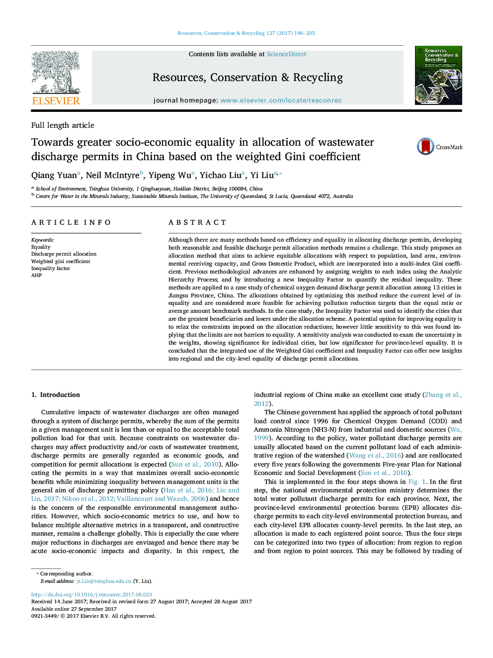 Towards greater socio-economic equality in allocation of wastewater discharge permits in China based on the weighted Gini coefficient