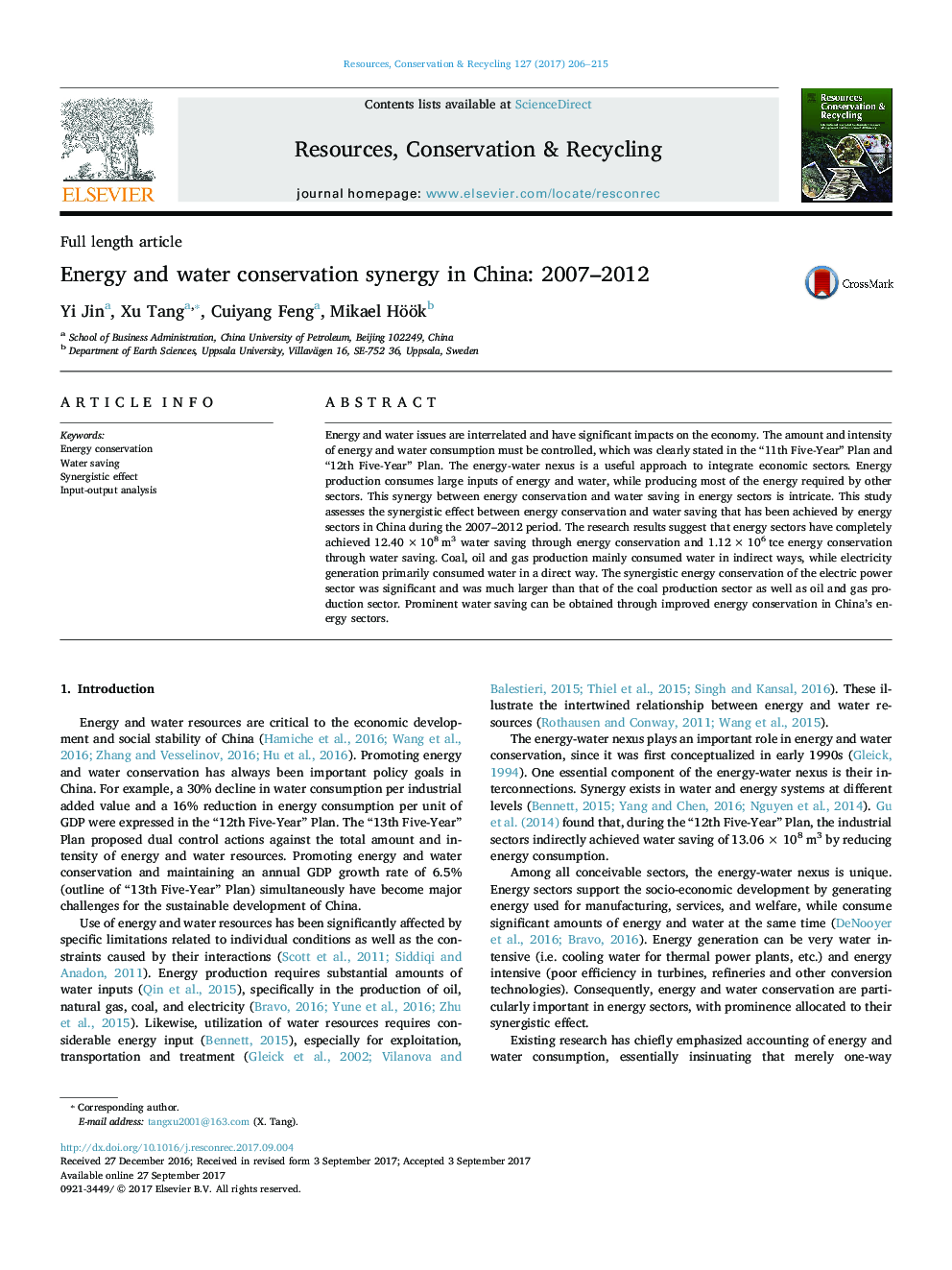 Energy and water conservation synergy in China: 2007-2012