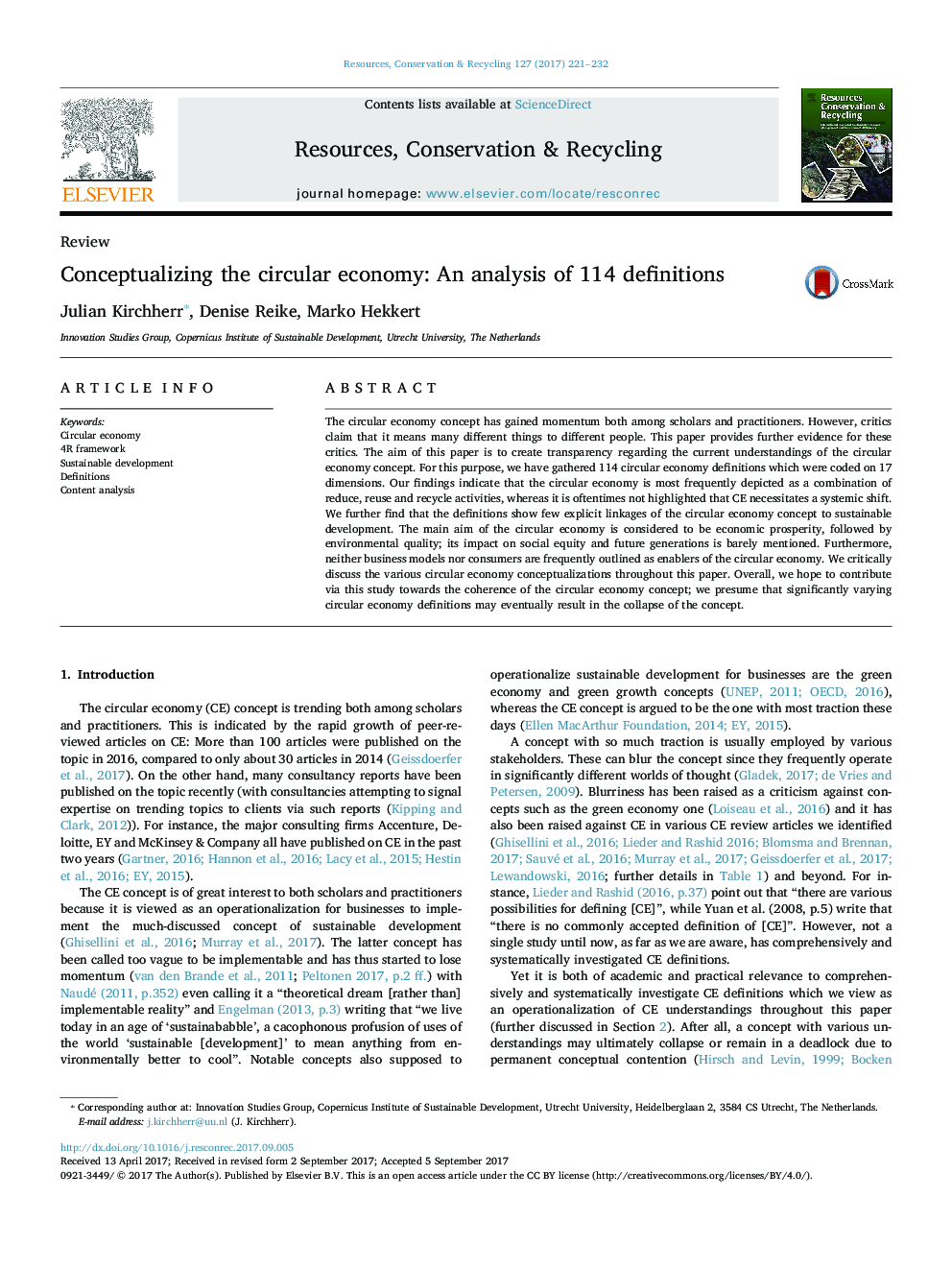 Conceptualizing the circular economy: An analysis of 114 definitions