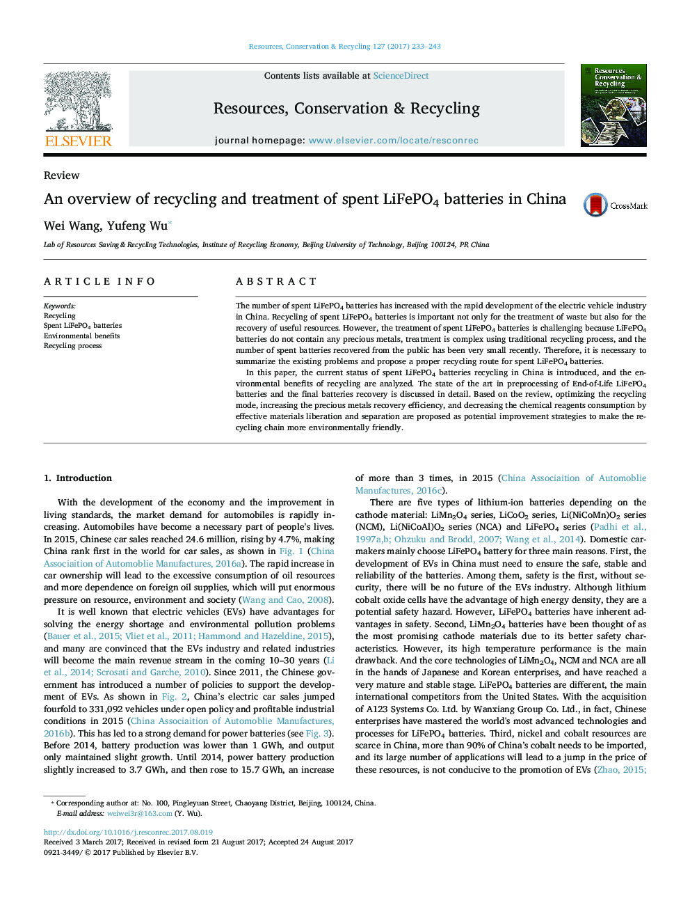 An overview of recycling and treatment of spent LiFePO4 batteries in China