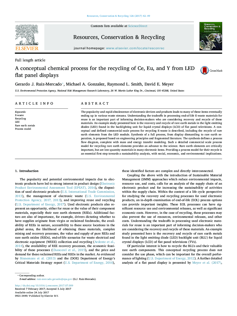 A conceptual chemical process for the recycling of Ce, Eu, and Y from LED flat panel displays