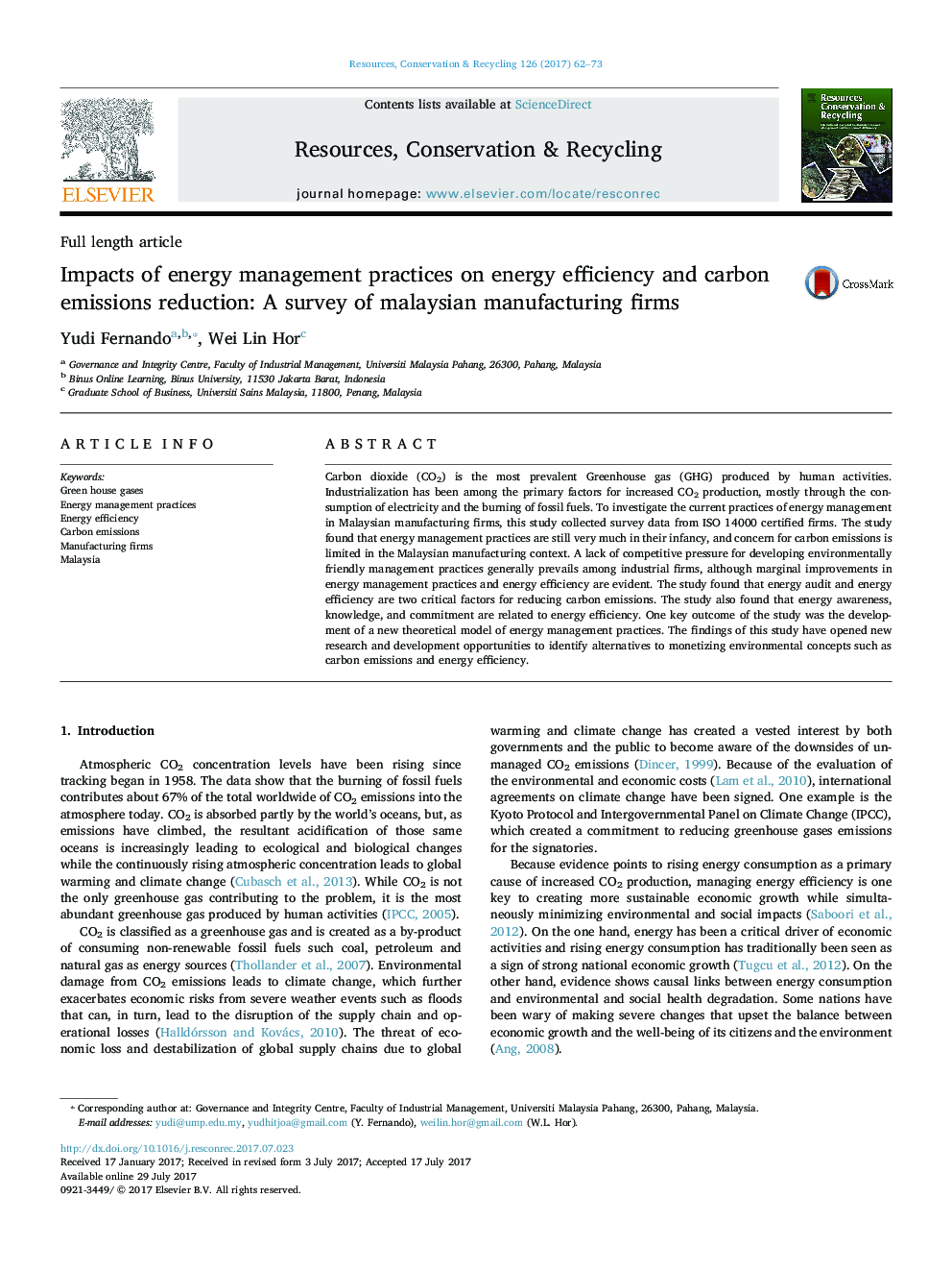 Impacts of energy management practices on energy efficiency and carbon emissions reduction: A survey of malaysian manufacturing firms