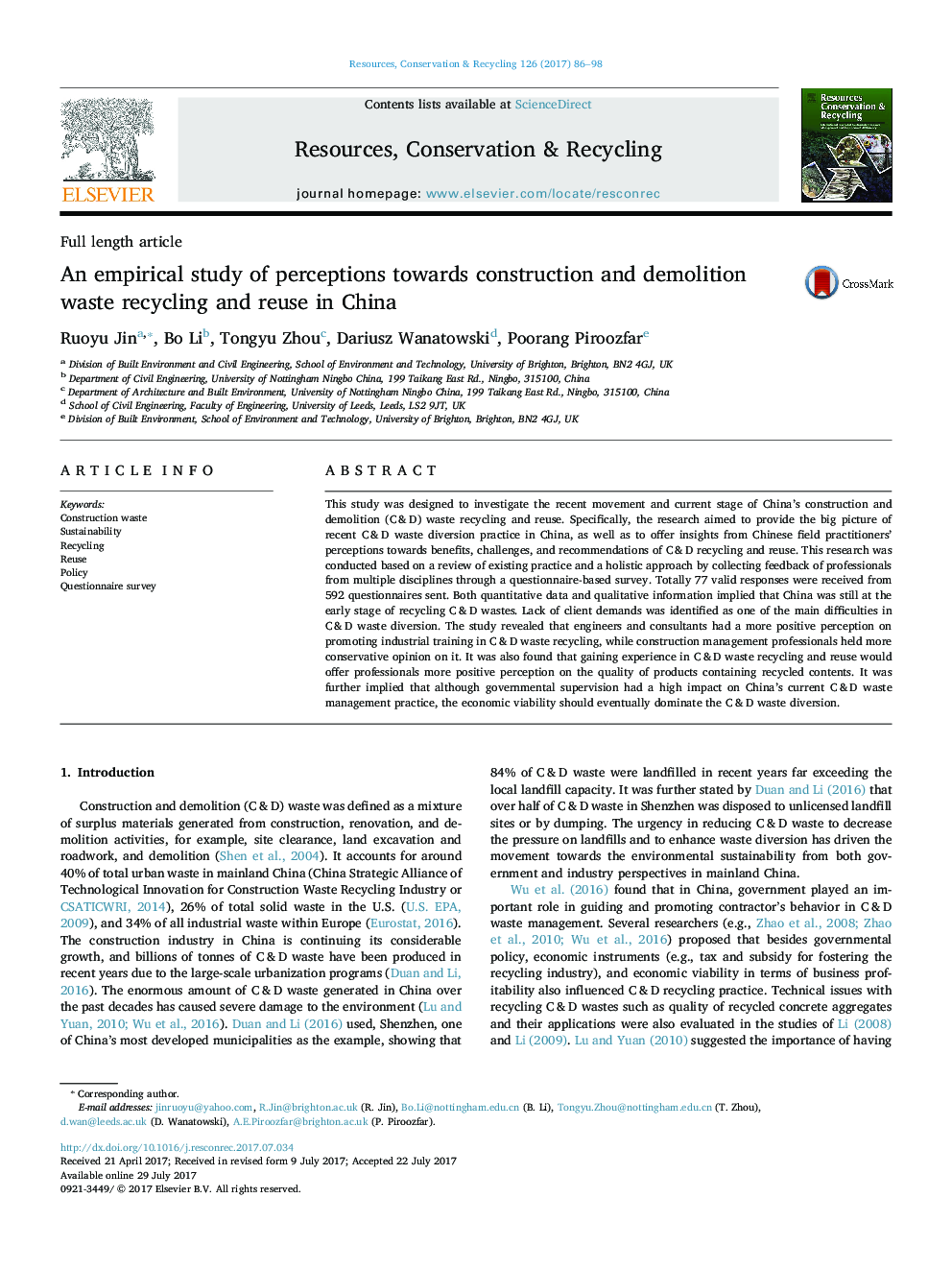 An empirical study of perceptions towards construction and demolition waste recycling and reuse in China