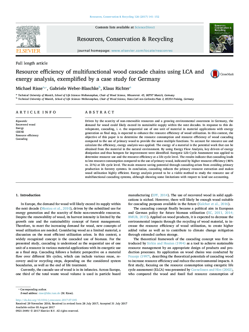 Resource efficiency of multifunctional wood cascade chains using LCA and exergy analysis, exemplified by a case study for Germany