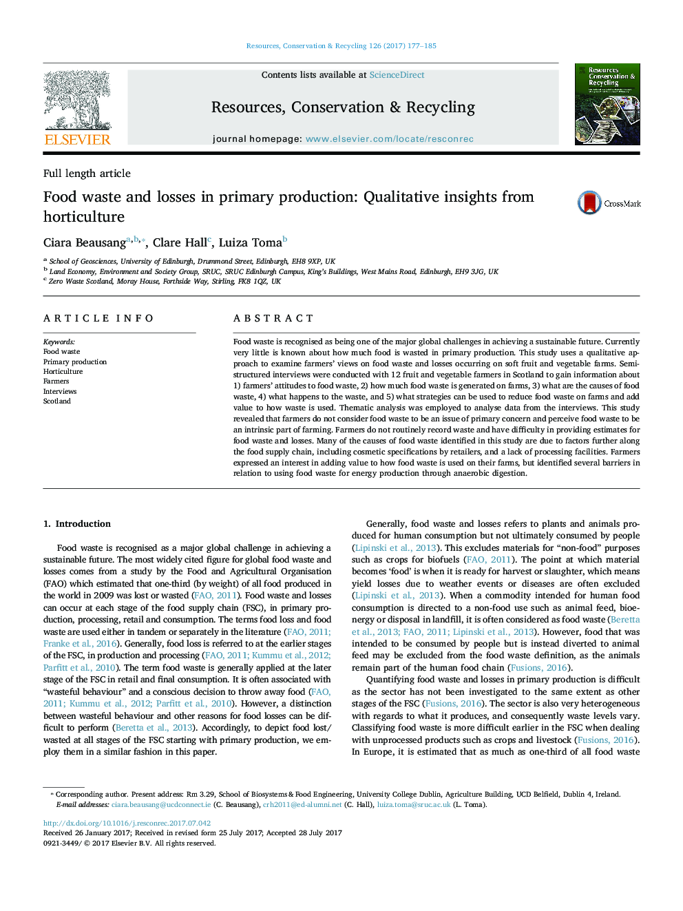 Food waste and losses in primary production: Qualitative insights from horticulture