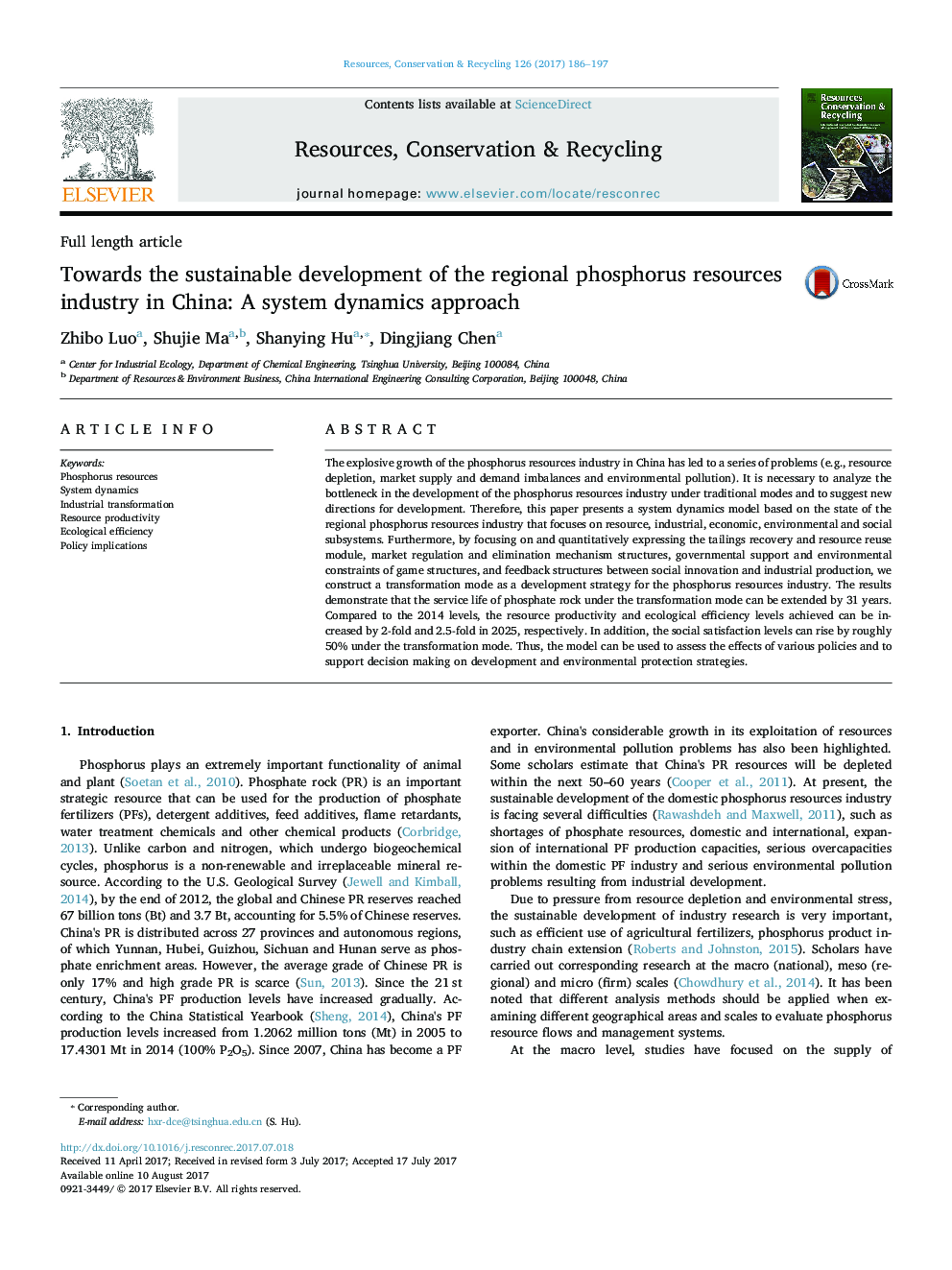 Towards the sustainable development of the regional phosphorus resources industry in China: A system dynamics approach