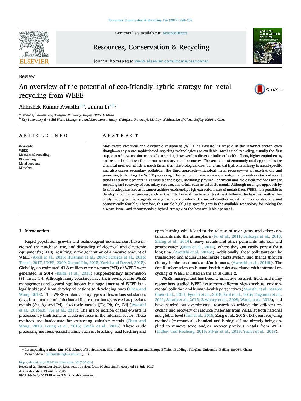 An overview of the potential of eco-friendly hybrid strategy for metal recycling from WEEE