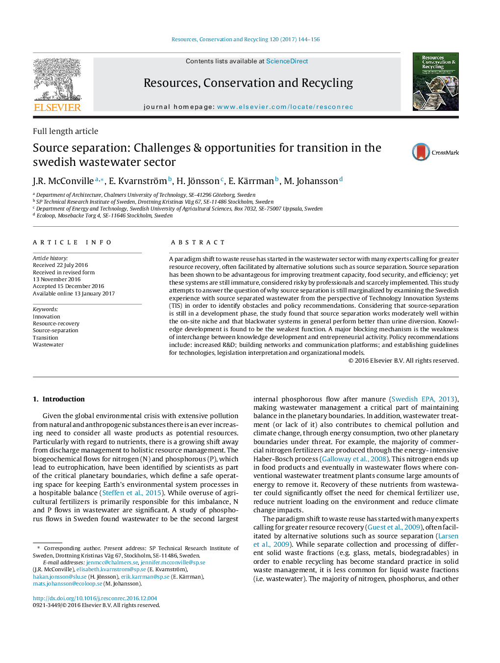 Full length articleSource separation: Challenges & opportunities for transition in the swedish wastewater sector