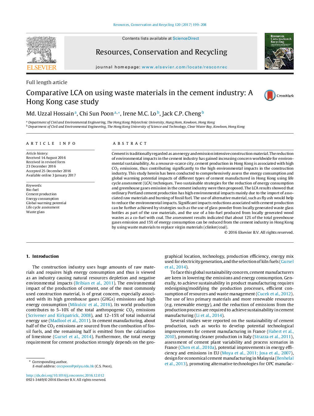 Comparative LCA on using waste materials in the cement industry: A Hong Kong case study