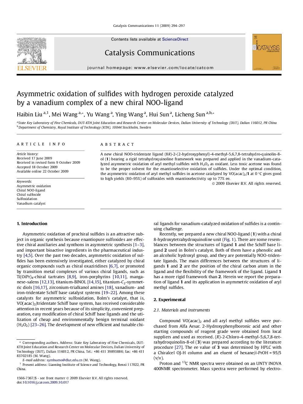 Asymmetric oxidation of sulfides with hydrogen peroxide catalyzed by a vanadium complex of a new chiral NOO-ligand