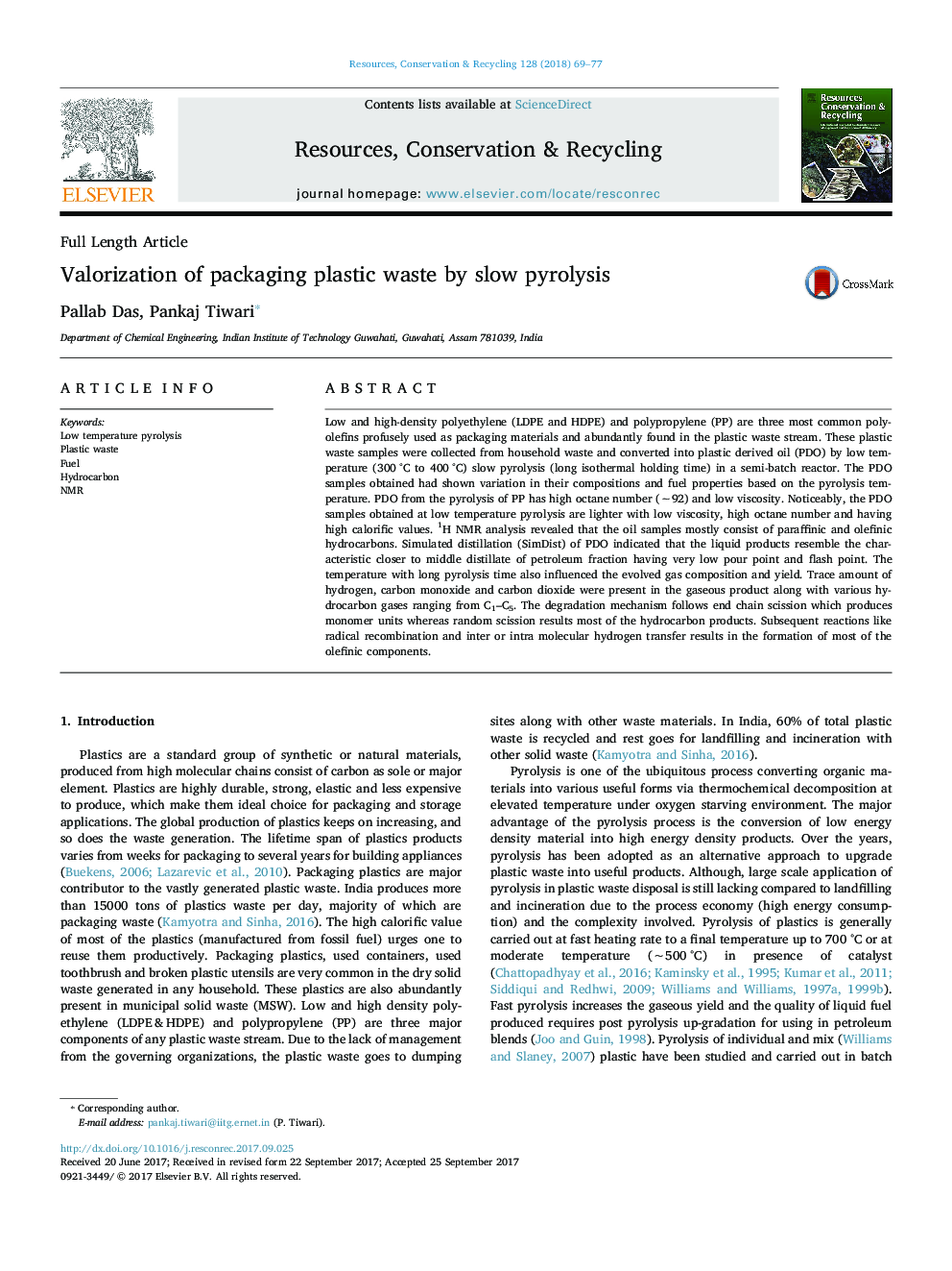 Valorization of packaging plastic waste by slow pyrolysis