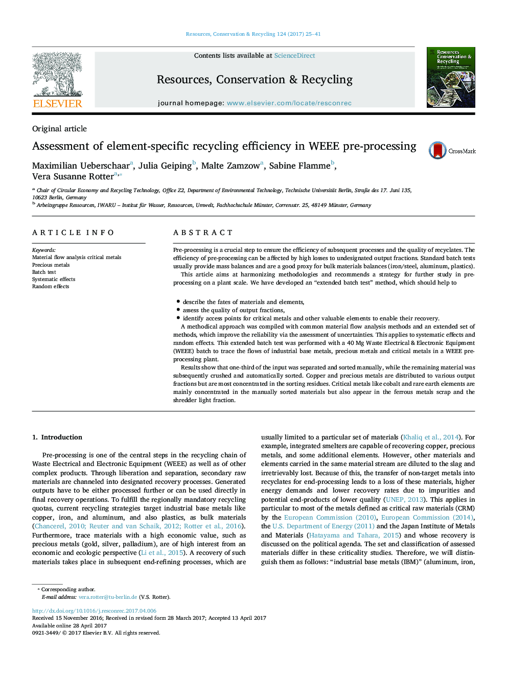 Assessment of element-specific recycling efficiency in WEEE pre-processing