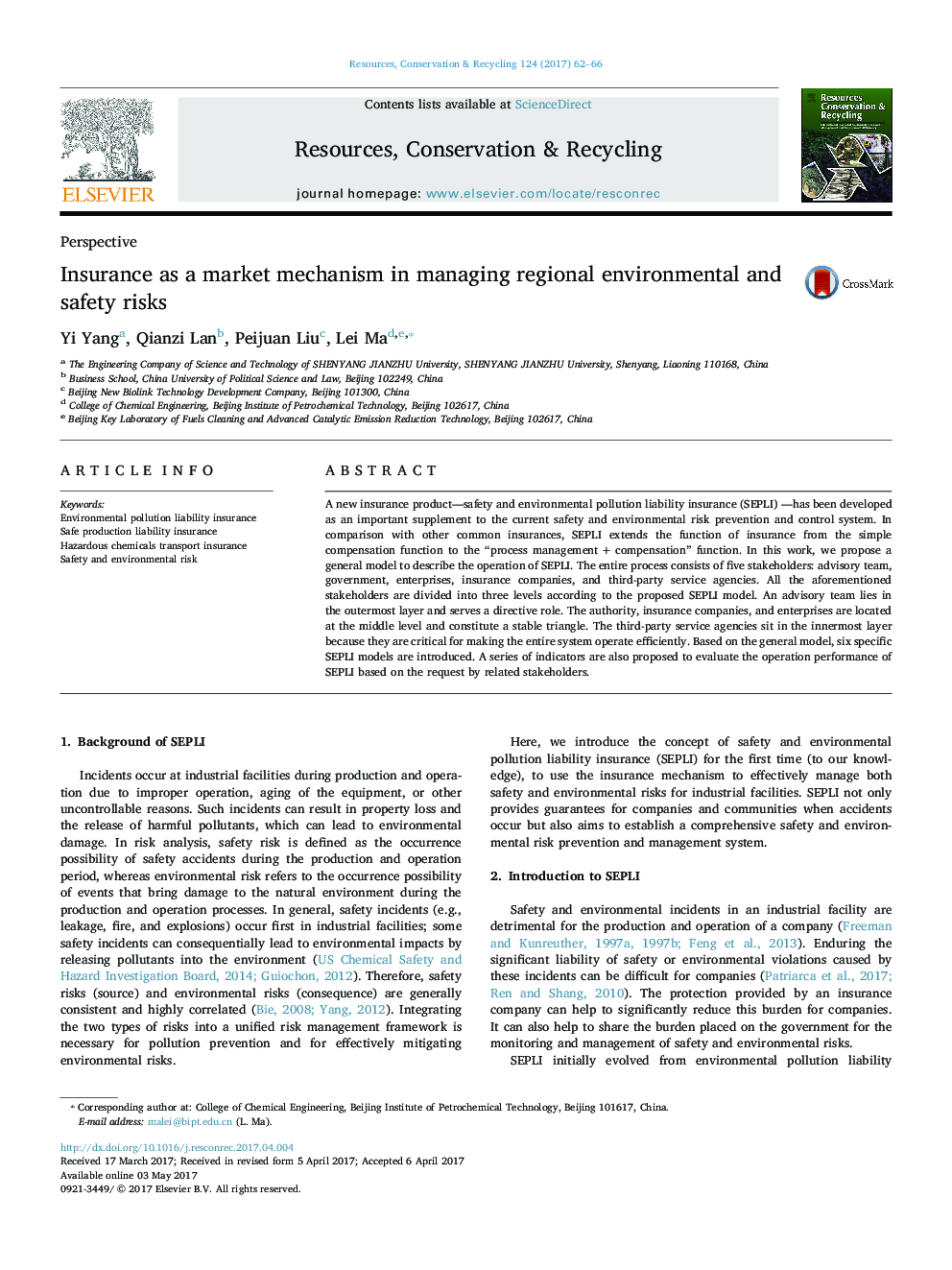 Insurance as a market mechanism in managing regional environmental and safety risks