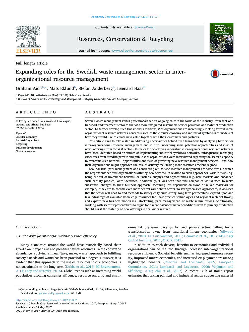 Expanding roles for the Swedish waste management sector in inter-organizational resource management