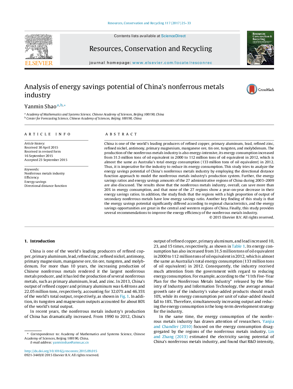 Analysis of energy savings potential of China's nonferrous metals industry