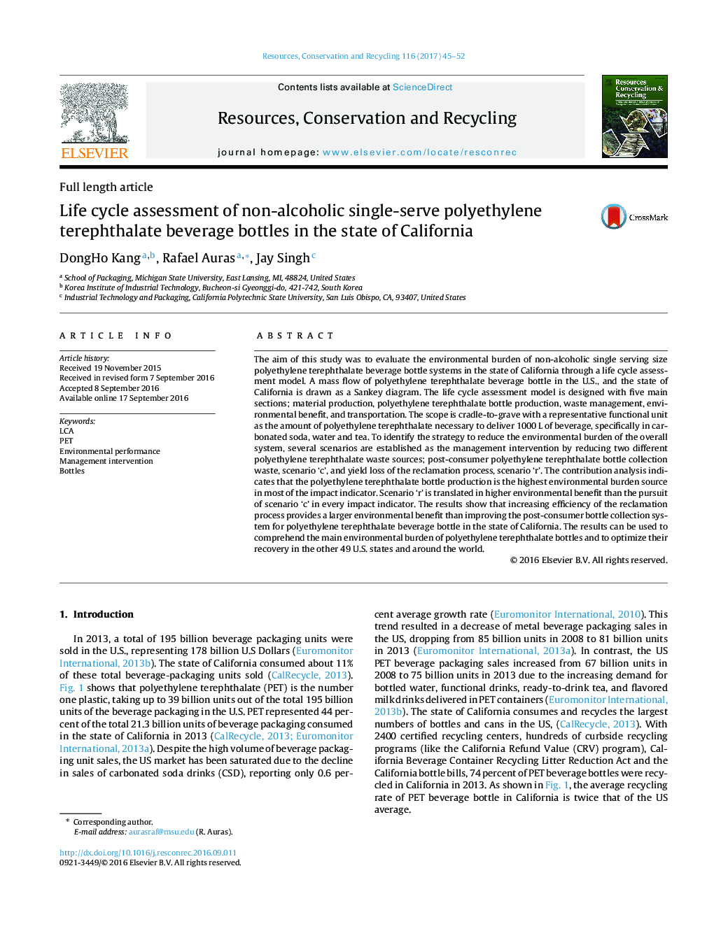 Life cycle assessment of non-alcoholic single-serve polyethylene terephthalate beverage bottles in the state of California