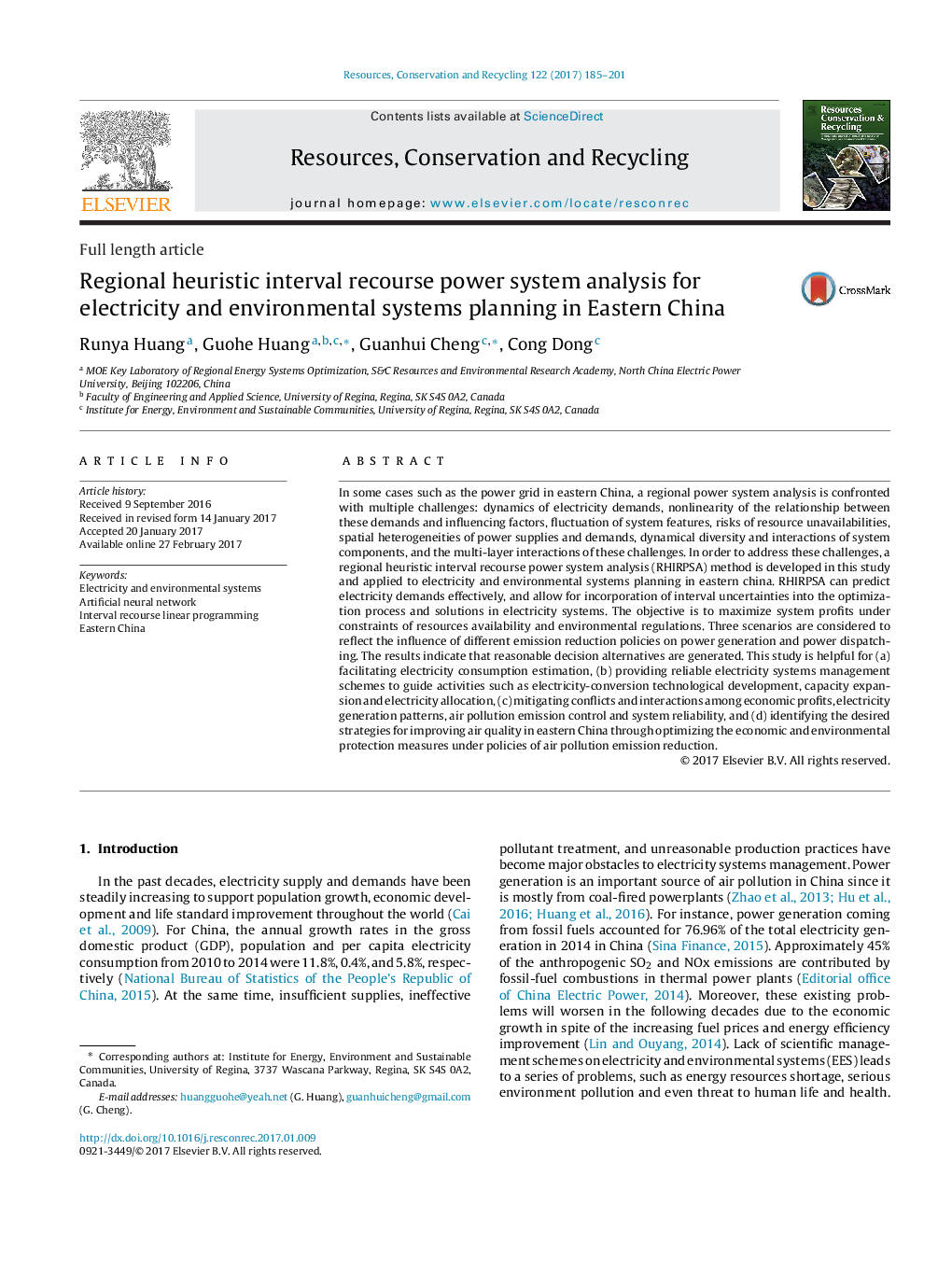 Regional heuristic interval recourse power system analysis for electricity and environmental systems planning in Eastern China