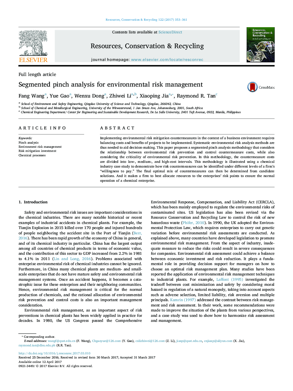 Segmented pinch analysis for environmental risk management