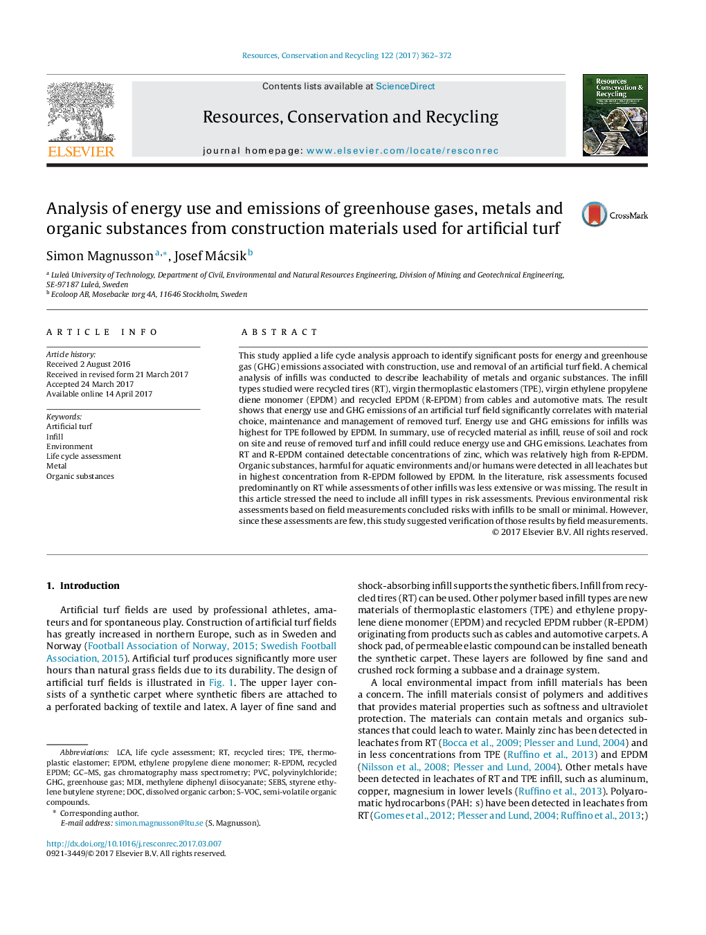 Analysis of energy use and emissions of greenhouse gases, metals and organic substances from construction materials used for artificial turf