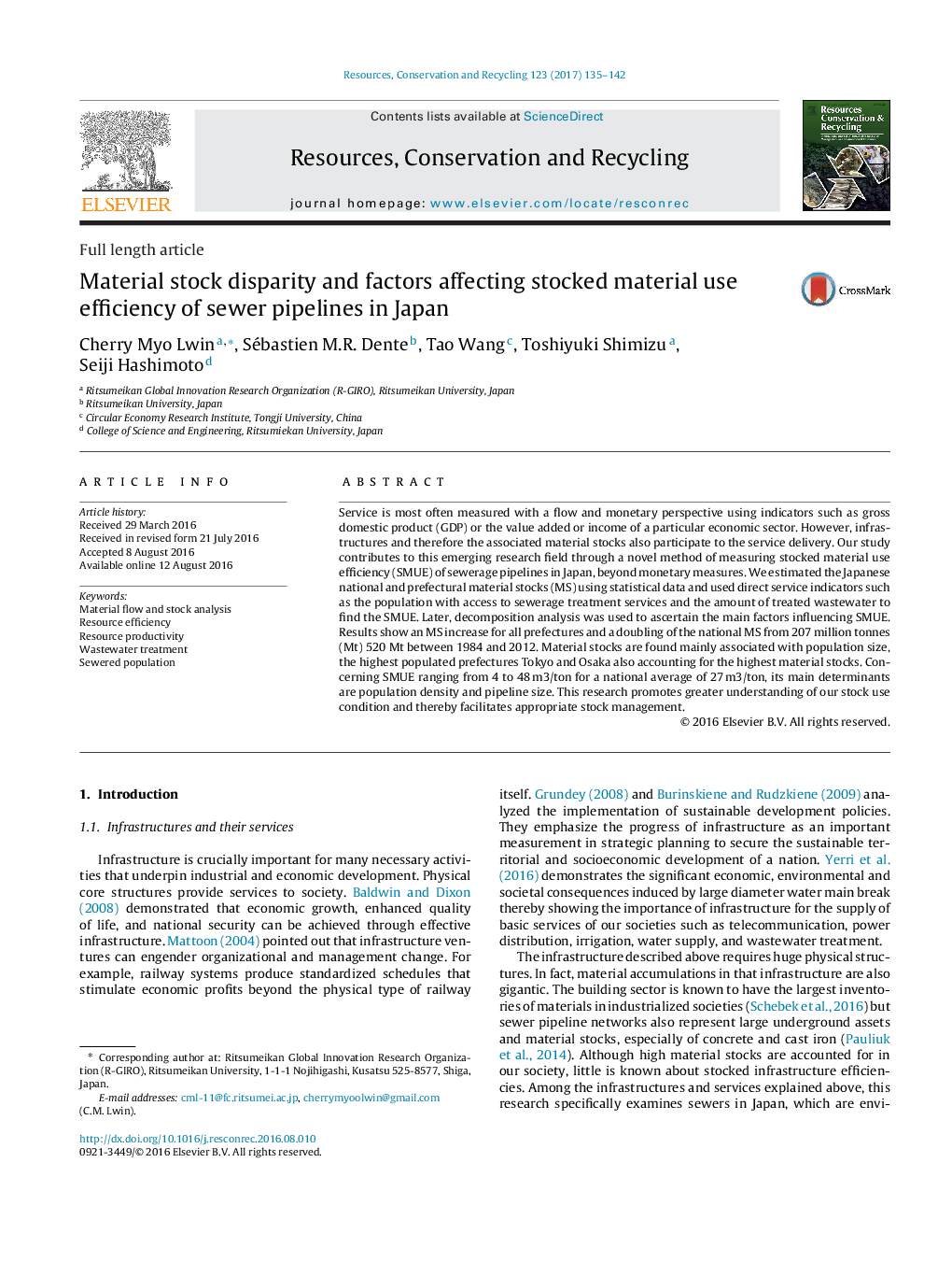 Material stock disparity and factors affecting stocked material use efficiency of sewer pipelines in Japan