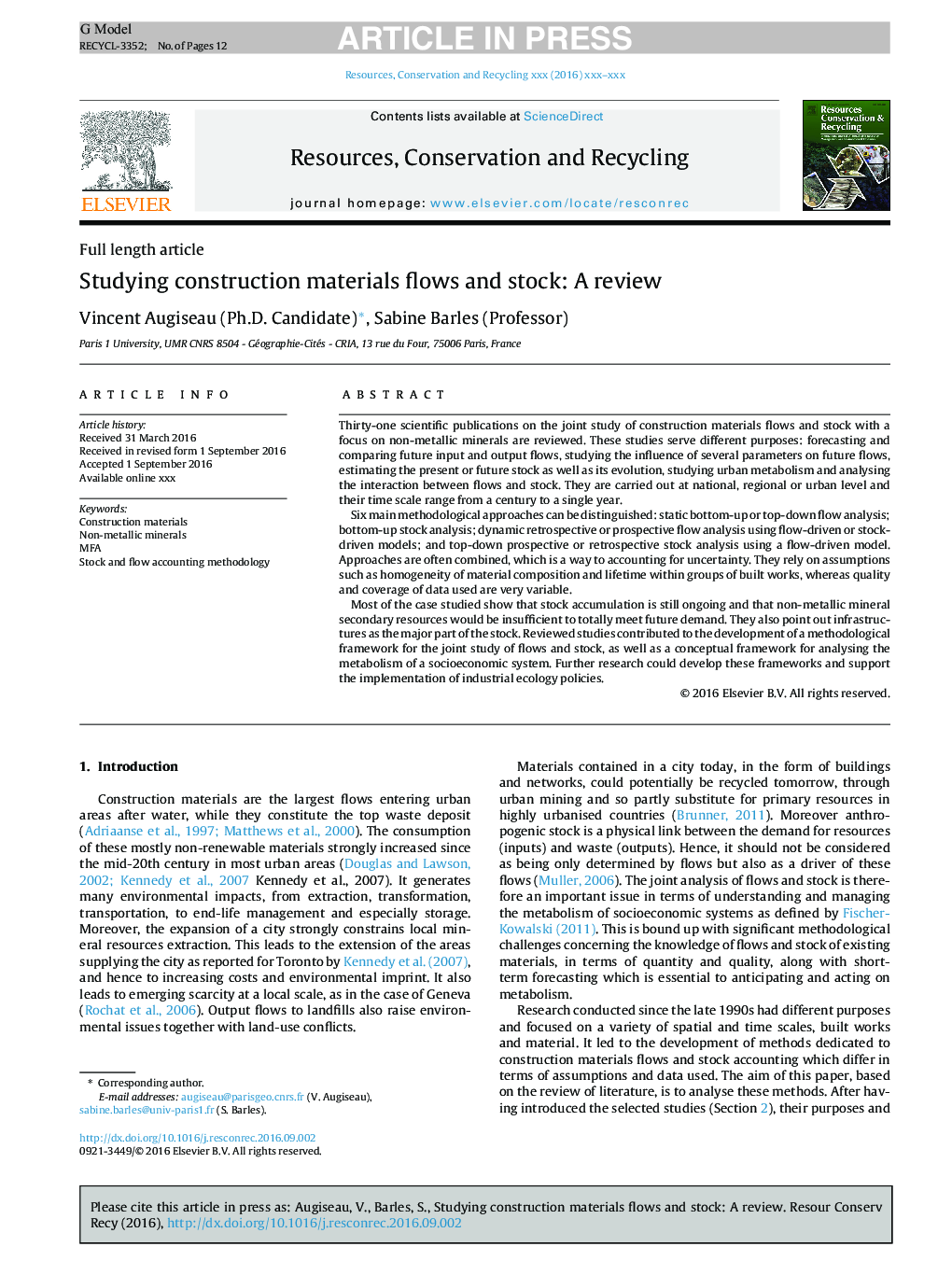 Studying construction materials flows and stock: A review