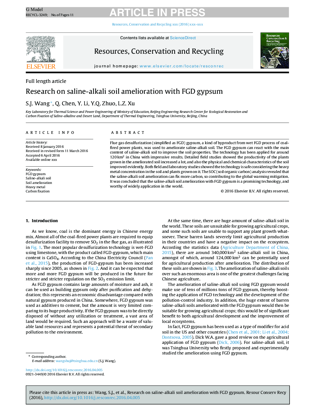 Research on saline-alkali soil amelioration with FGD gypsum