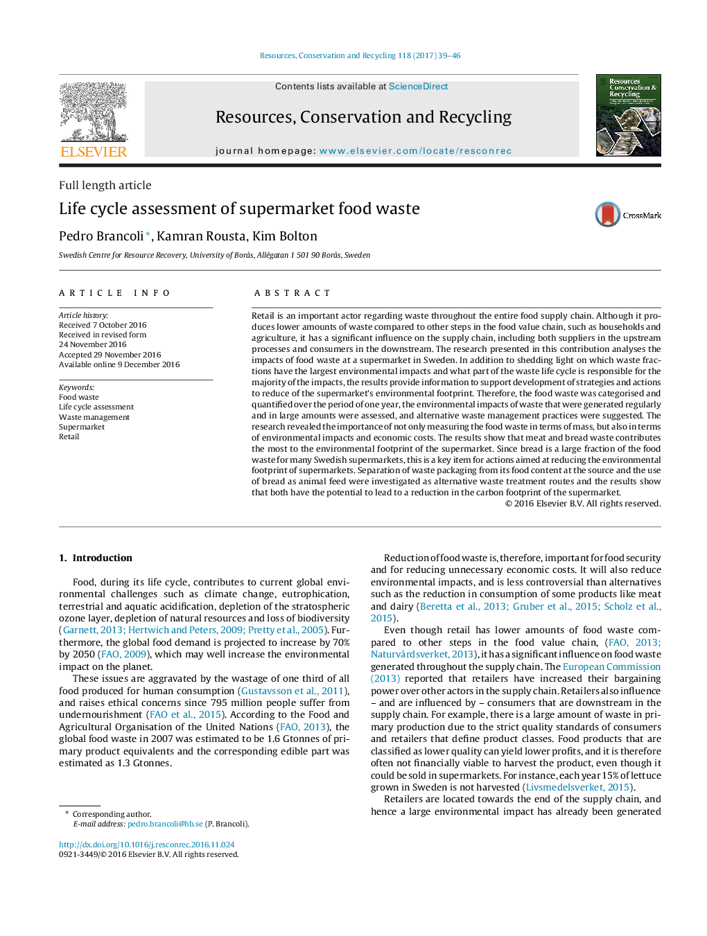 Life cycle assessment of supermarket food waste