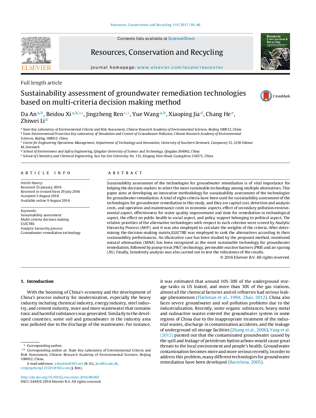 Sustainability assessment of groundwater remediation technologies based on multi-criteria decision making method