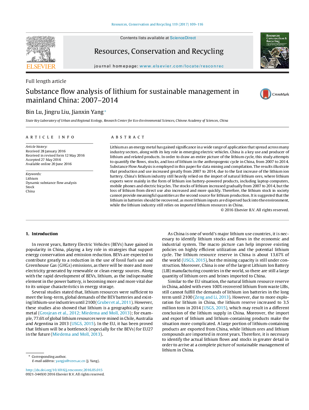 Substance flow analysis of lithium for sustainable management in mainland China: 2007-2014