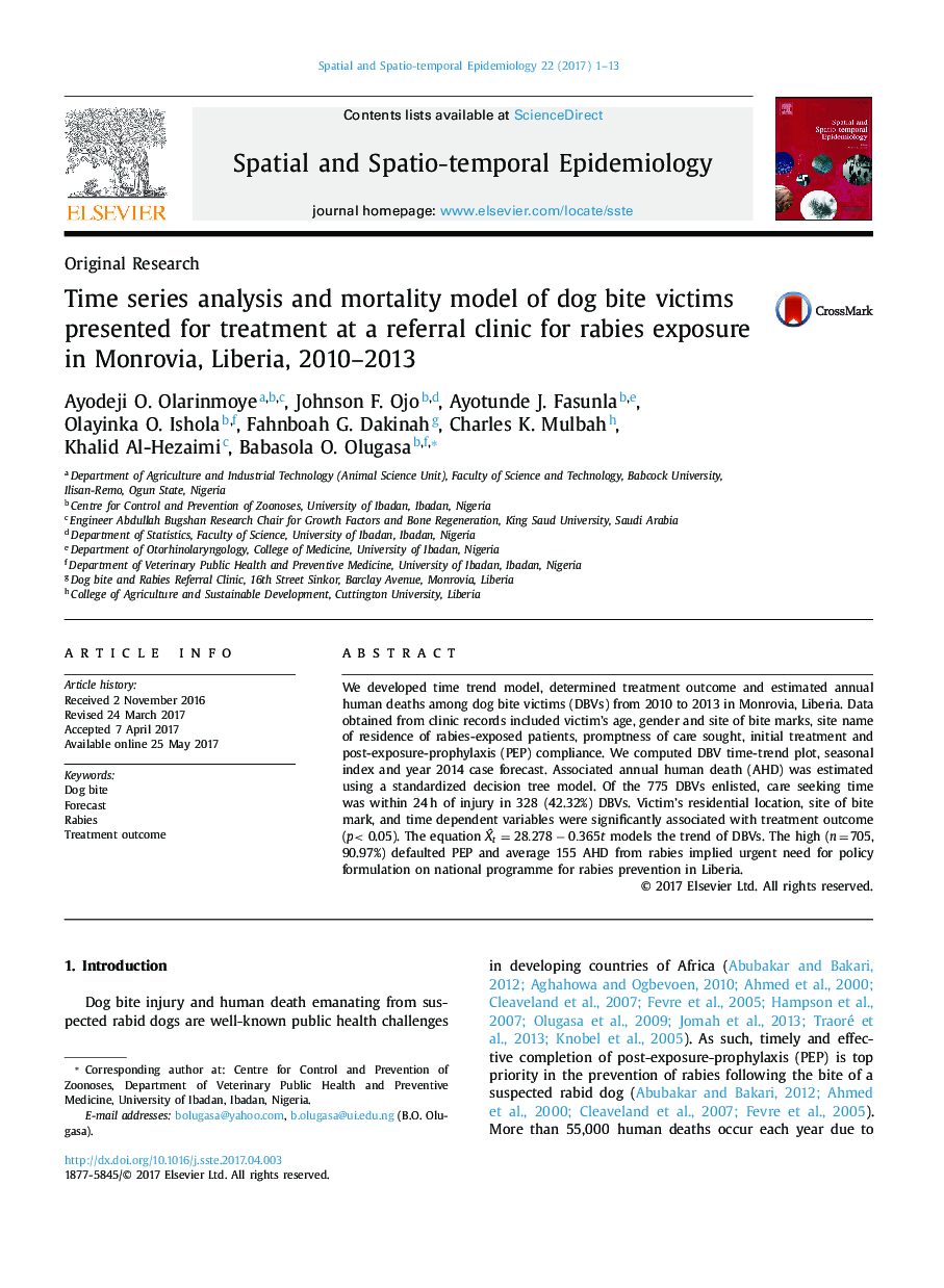 Time series analysis and mortality model of dog bite victims presented for treatment at a referral clinic for rabies exposure in Monrovia, Liberia, 2010-2013