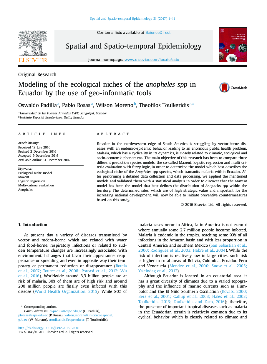 Modeling of the ecological niches of the anopheles spp in Ecuador by the use of geo-informatic tools